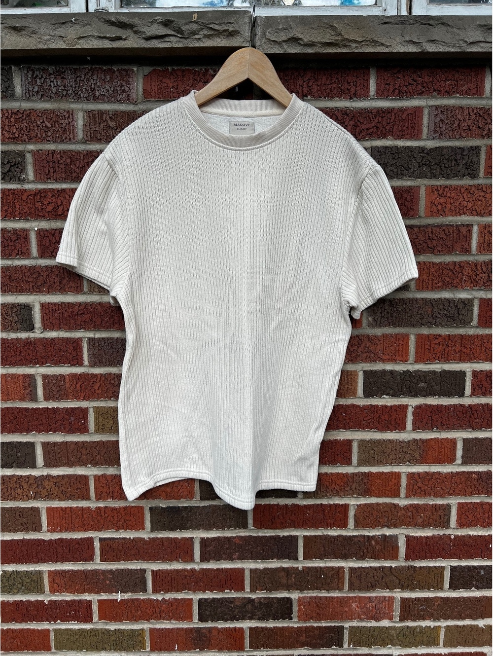 Massive Luxury Cream Knit Ribbed Short Sleeve Tee Shirt